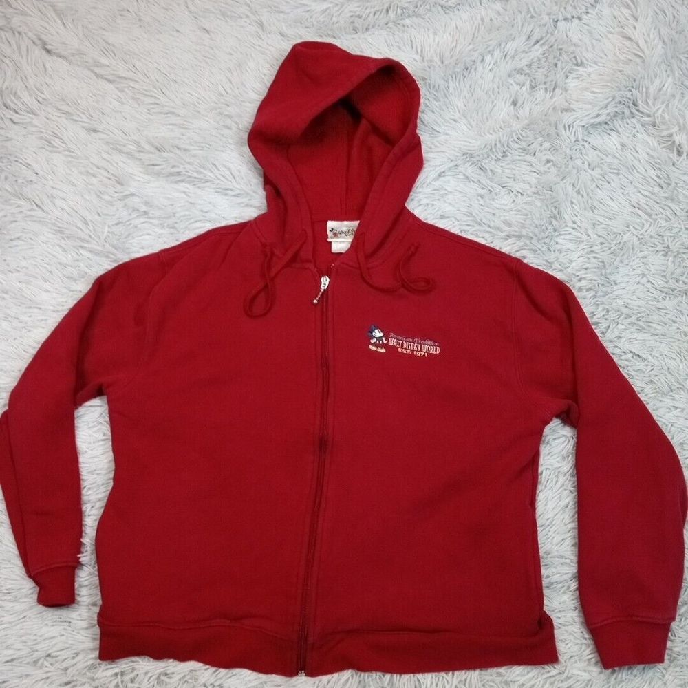 Walt Disney World Sweatshirt Womens L Red Hoodie Mickey Mouse Logo Pockets Zip